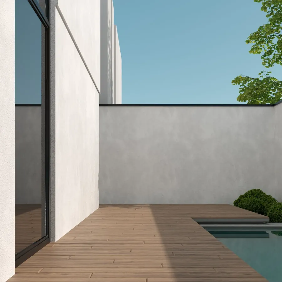 Contemporary poolside timber deck. Representative stock photography.